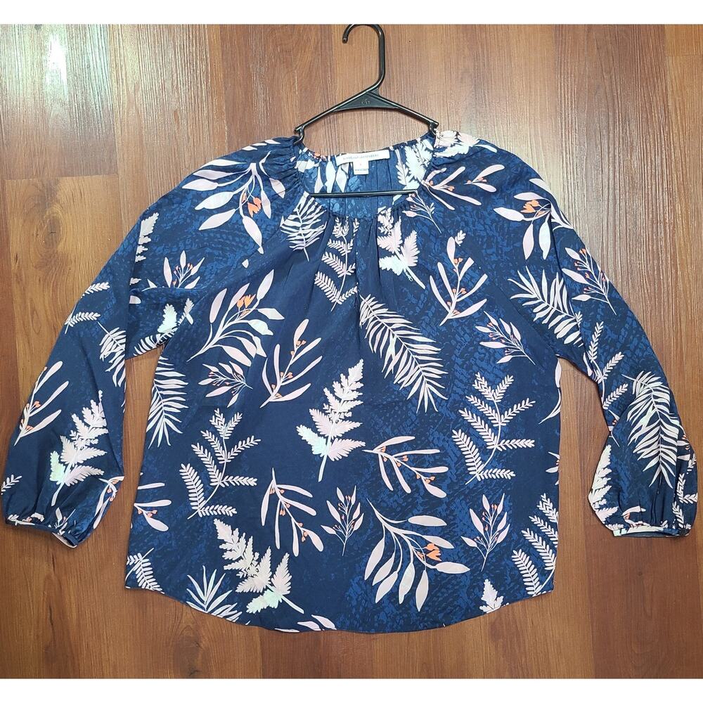 Diane Von Furstenberg Leaves Silk Long Sleeve Floral Blouse Blue Size Large
